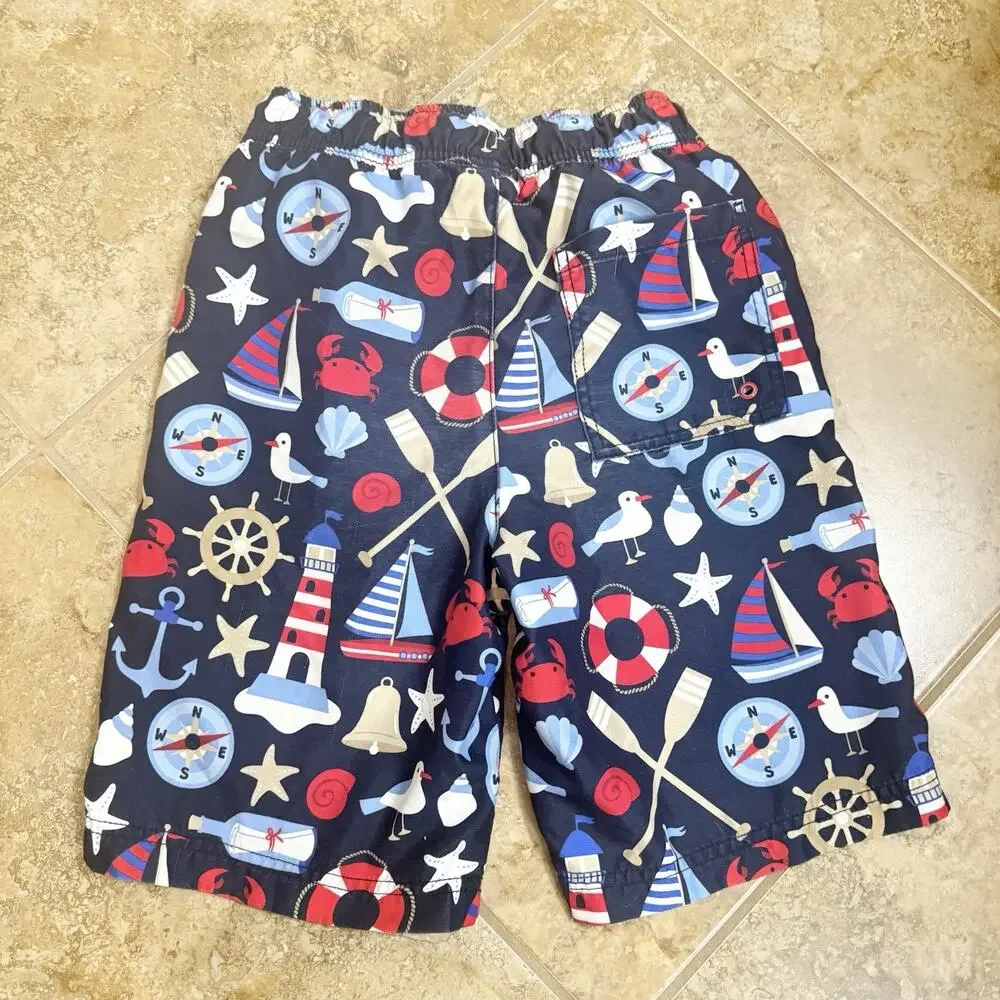 Gymboree Boys Size 10 Nautical Print Blue Swim Shorts Elastic Waist Drawstring